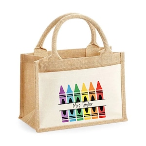 Personalised Teacher  crayon Jute Bag XL.. ..Teacher ,nursery ,children's book bag  Teaching assistant, Mentor,