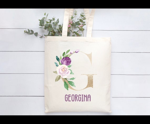 Personalised Natural Beige Tote Bag.. Shopping Bag.. Gold and Purple floral initial.. Bridesmaid..Mum, Nan, Sister, Friend Gift