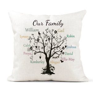 May include: A white cushion with a black silhouette of a family tree with the words "Our Family" at the top and the names of family members on the branches. The names are written in different colours.