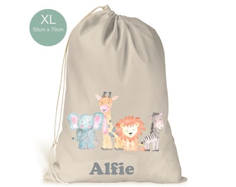 Personalised XL Drawstring Toy Laundry zoo animals Cream Beige  Cotton Like Bag 50cm x Toy Storage Baby Room