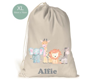 Personalised XL Drawstring Toy  Laundry Bag.. .. zoo animals  Cream Beige Cotton Like Bag 50cm x 70cm.. Toy Storage .. Nursery.. Baby Room