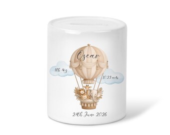 Personalised Baby Boys  Ceramic Money Box ,Hot Air Animal  Balloon ,Name, Date , Weight Time , Baby Gift Piggy Bank, Money Saving Gift