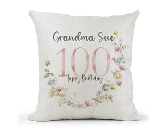 Personalised  100th Special Birthday Cushion 100th Birthday Floral Mum, Nan, Friend,Sister Gift