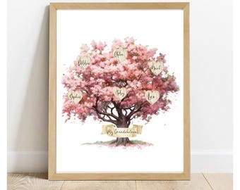 May include: A pink cherry blossom tree with hearts hanging from the branches. Each heart has a name written on it: Sophie, Debbie, Toby, Chloe, Leo, and Maisie. The banner at the bottom reads "My Grandchildren".