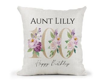Personalised Special Birthday Cushion 100th Birthday Gold & Purple Floral Mum, Nan, Friend, Sister Gift Keepsake