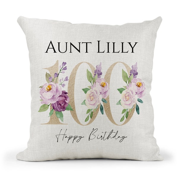 Personalised Special Birthday Cushion 100th Birthday Gold & Purple Floral Mum, Nan, Friend, Sister Gift Keepsake
