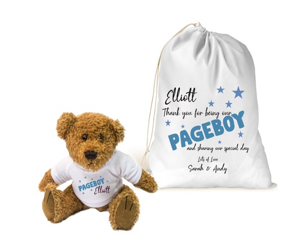 Ours en peluche personnalisé et sac cadeau assorti Page Boy Gift Keepsake,  Merci, Ring Bearer, Usher Wedding Favor