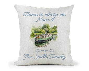 Personalised Canal boat, Narrow boat, barge Cream Canvas Cushion,  home is where we moor it , Home Decor, Wedding, Anniversary Gift