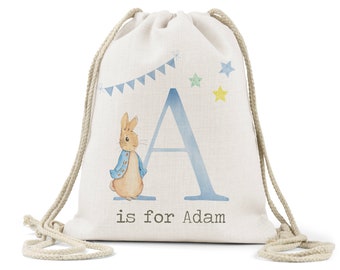 Personalised  Peter Rabbit Initial and Name  Drawstring Bag, Linen, Watercolour School Nursery ,Gym Kit,  ,