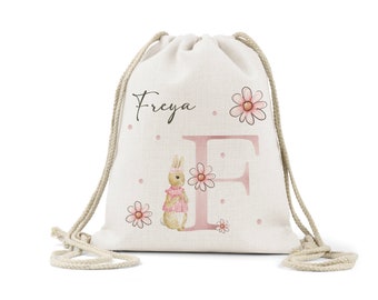 Personalised  Peter Rabbit Flopsy Initial daisy floral and Name  Drawstring Bag, Linen, Watercolour School Nursery ,Gym Kit,  ,