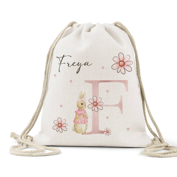 Personalised  Peter Rabbit Flopsy Initial daisy floral and Name  Drawstring Bag, Linen, Watercolour School Nursery ,Gym Kit,  ,