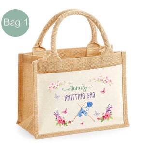 Personalised Jute Bag XL.. .. Knitting Bag.. Grandma, Nan, Mum, Friend, Gift.. Flowers & Butterflies