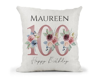 Personalised  100th Special Birthday Cushion 100th Birthday Pink & Blue Floral Mum, Nan, Friend,Sister Gift