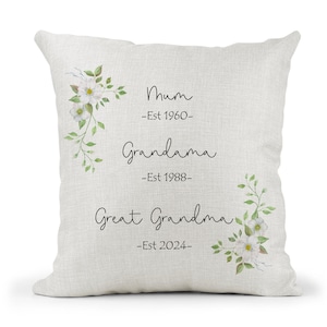 Personalised Great Grandma..Nanny Mum...Nan floral cushion.. Year Est... Gift.mothers day, christmas gift