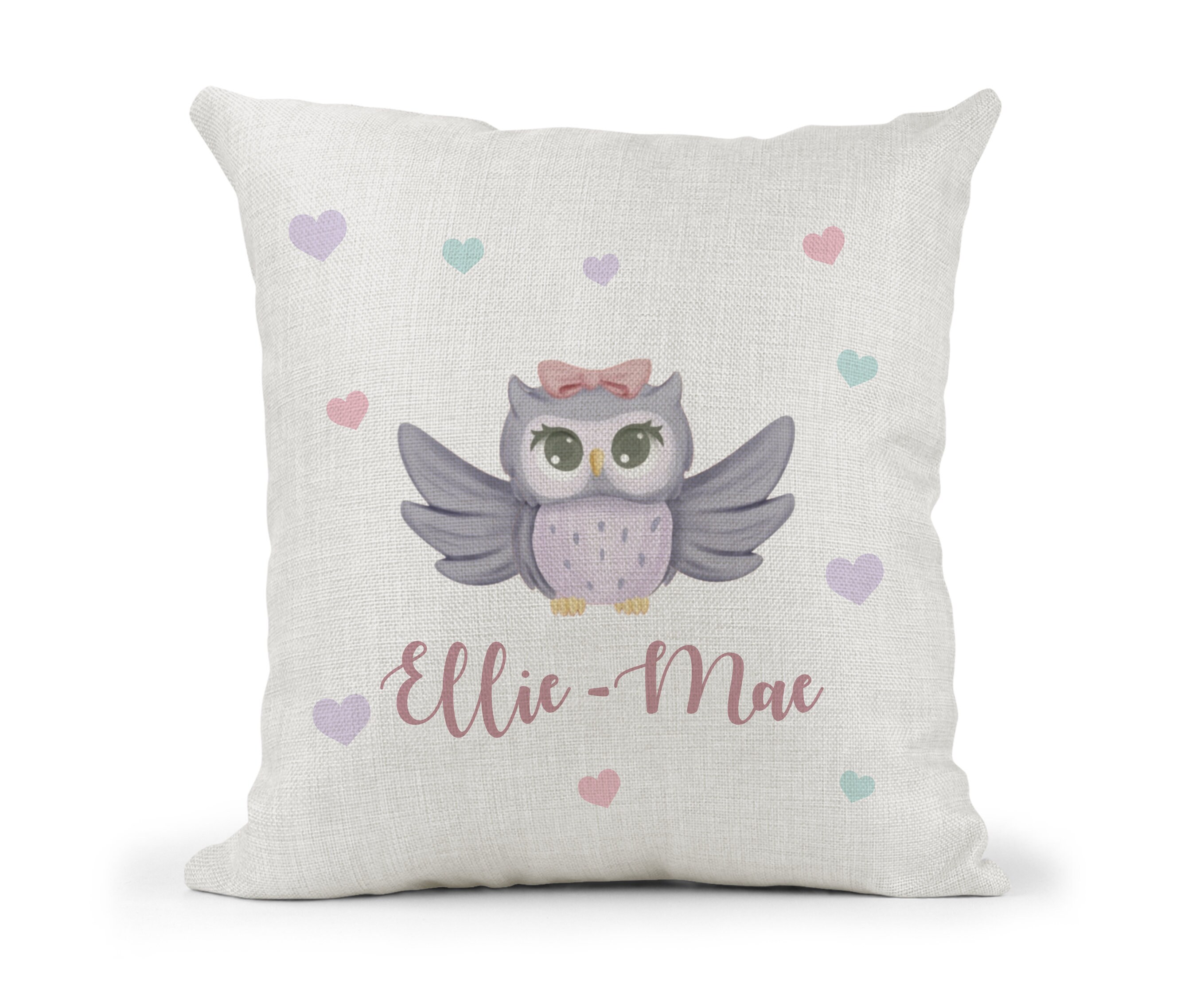 Personalised Cute  Pastel Owl Cream Cushion. Girls Christening gift, Keepsake Gift, Bedroom decor Go