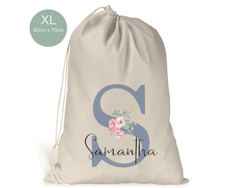 Personalised XL Drawstring Toy  Laundry Bag.. Girls . initial name  Cream beige Cotton Like Bag 50cm x 70cm.. Toy Storage .. Nursery..