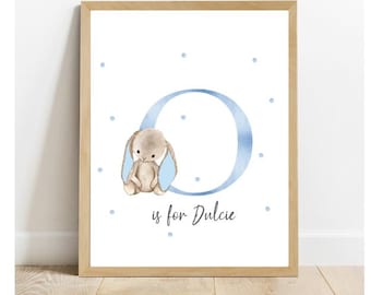 Personalised Digital boys blue/brown Sweet Bunny Rabbit  boys name and initial digital download wall art poster jpeg pdf file