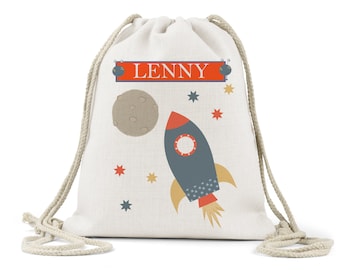 Personalised Boys Drawstring Bag, Linen,Rocket , Moon Space, Son, Nephew, Cousin Special Birthday Gift, Shoe bag,