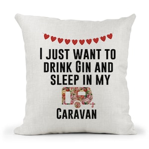 Shabby Chic Caravan Fun Quote Cream Canvas Cushion, Scatter Cushion, Home Decor, Friend Gift, Nan..Drink Gin & Sleep in my Caravan