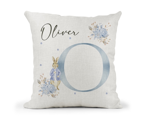 Personalised Peter Rabbit Cushion...Boys Blue Floral Letter Gift..Bedroom decor. Son.. Nephew.. Grandson..Godson...1st Birthday..Christening