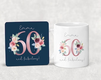Personalised Navy & Pink Floral 60th Birthday, any age  Mug and Coaster Set. Girls Gift.. Mum, Friend,  Colleague. Sister Auntie Nan