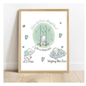 Personalised Digital New baby Boy cute elephant Birth announcement, baby digital download wall art print jpeg pdf file