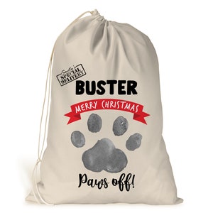Personalised Dog Christmas Treats Drawstring Sack.. Personalised Gift Bag.. Present Bag.. Stocking.. Paws off! Pet Bag