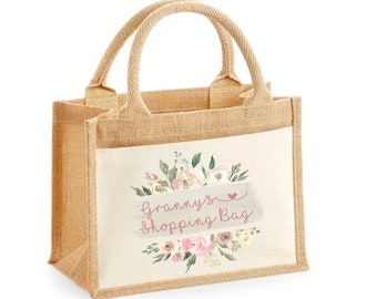 Personalised floral Name Jute Bag XL.. . Shopping Bag.. Nanny Grandma Nan Gran mum mummy pink floral