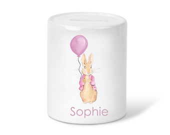 Personalised Peter Rabbit  Flopsy Girls gift Money Box-Ceramic Piggy Bank-Money saving Gift