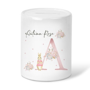 Personalised Peter Rabbit  Flopsy name initial Girls gift Money Box-Ceramic Piggy Bank-Money saving Gift