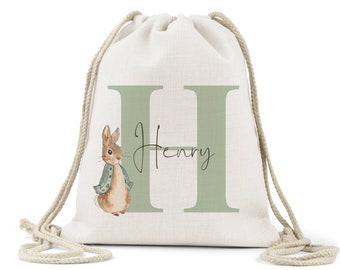 Personalised Boys  sage green Drawstring Bag, Linen,School Nursery, Baby Nappy Bag ,Gym Kit, Vintage Peter Rabbit Design