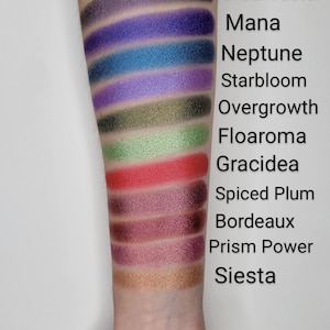 Puede incluir: Un primer plano de un brazo con 10 muestras de sombra de ojos. Las muestras est&aacute;n etiquetadas de arriba a abajo: Dream Eater, Mana, Neptune, Starbloom, Overgrowth, Floaroma, Gracidea, Spiced Plum, Bordeaux, Prism Power y Siesta.