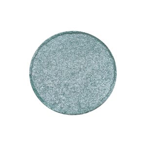 May include: A round, silver eyeshadow with a light blue shimmer.