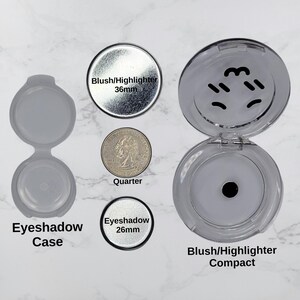 May include: An assortment of makeup containers and compacts. Includes an open eyeshadow case, a 36mm blush/highlighter container, a quarter, a 26mm eyeshadow container, and a blush/highlighter compact. Text on the image reads "Eyeshadow Case", "Blush/Highlighter 36mm", "Quarter", "Eyeshadow 26mm", and "Blush/Highlighter Compact".