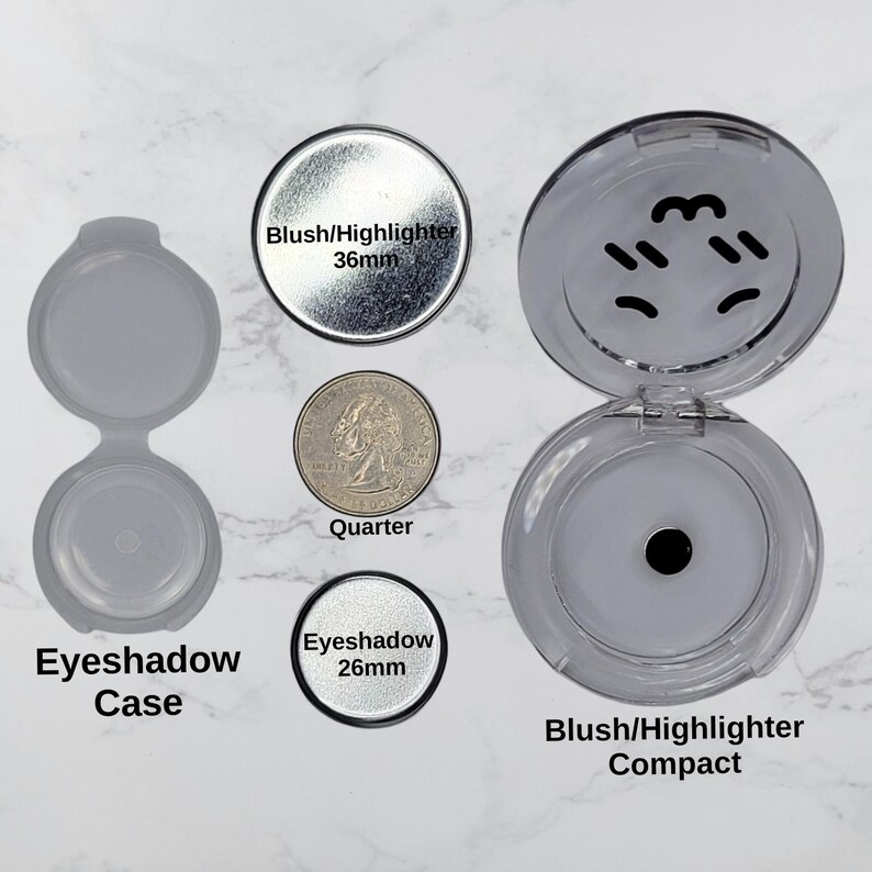 May include: An assortment of makeup containers and compacts. Includes an open eyeshadow case, a 36mm blush/highlighter container, a quarter, a 26mm eyeshadow container, and a blush/highlighter compact. Text on the image reads "Eyeshadow Case", "Blush/Highlighter 36mm", "Quarter", "Eyeshadow 26mm", and "Blush/Highlighter Compact".