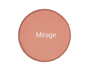 May include: A round, peach-colored blush compact with the word "Mirage" printed in white.