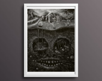 Evil Medieval Village Print With Black & White Horror Wall Art