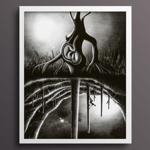 Impresión de extraterrestre embarazada con arte de pared de ciencia ficción en blanco y negro