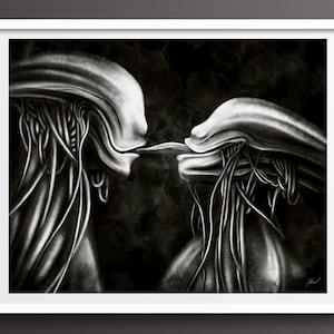 Aliens In Love Print With Black & White Sci-Fi Wall Art