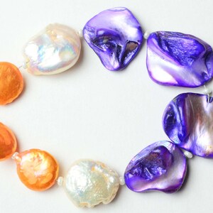 9 pcs Mother of pearl beads Cushion shape , Fresh water of pearl , Orange,white and Purple colour strand - 5.5 inches/11x12-17x20mm/code-353