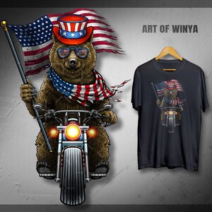 American Patriotic Grizzly Bear Riding Chopper Motorcycle 4th of July T-shirt, Flag Shirt, Independence Day Tee United States FreeShipping