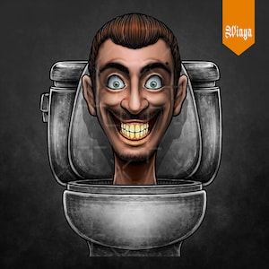 May include: A cartoon illustration of a man's head with a wide, toothy grin, emerging from a toilet bowl. The man has brown hair, a mustache, and a goatee. The toilet is gray and has a white porcelain bowl.