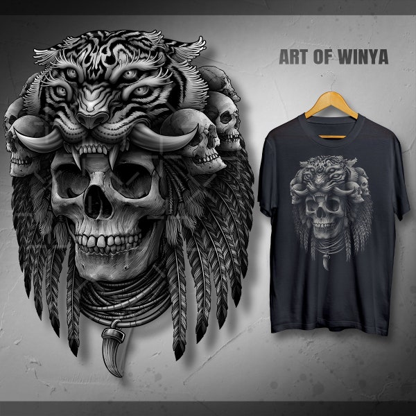 Occult Maya Skull Tiger Headdress Winya Tshirt, Black Crew Neck Tee, Skull Tops, Men's Graphic Shirt United States Free Shipping