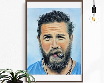 May include: A painting of a man with a beard and a cigar in his mouth. He is wearing a blue shirt and has a serious expression on his face. The painting is done in a realistic style and has a blue background.