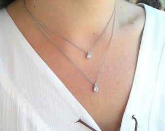 Dainty Layering Necklace, Tiny CZ Diamond Necklace, Delicate Double Necklace,Simple And Modern Layered Necklace Set,GoldFill,Sterling Silver