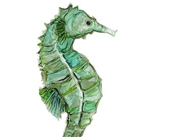 Seahorse Coastal Wall Art Print, Alcohol Ink Painting