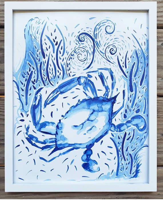 Blue Crab Art Print, Lapis Southern Chic Coastal Decor