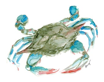 Blue Crab Art Print: Coastal Beach Decor, Rae's Ink Painting
