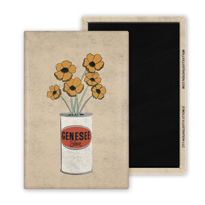 May include: A vintage-style illustration of a can of Genesee Beer with a bouquet of yellow flowers in a vase. The can is labeled "Genesee Beer".