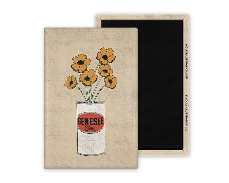 May include: A vintage-style illustration of a can of Genesee Beer with a bouquet of yellow flowers in a vase. The can is labeled "Genesee Beer".